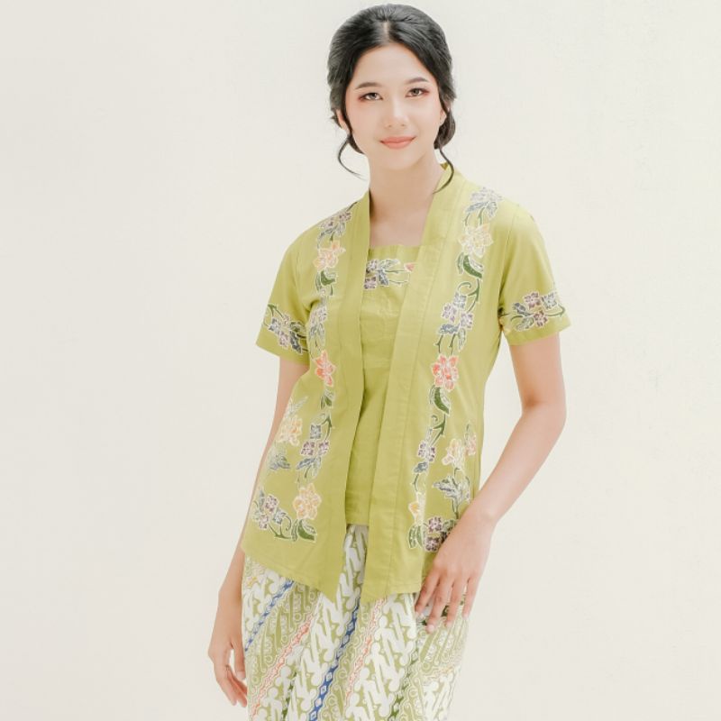 Kebaya Encim Batik Lengan Pendek by Khalisa Batik- Hijau Polos