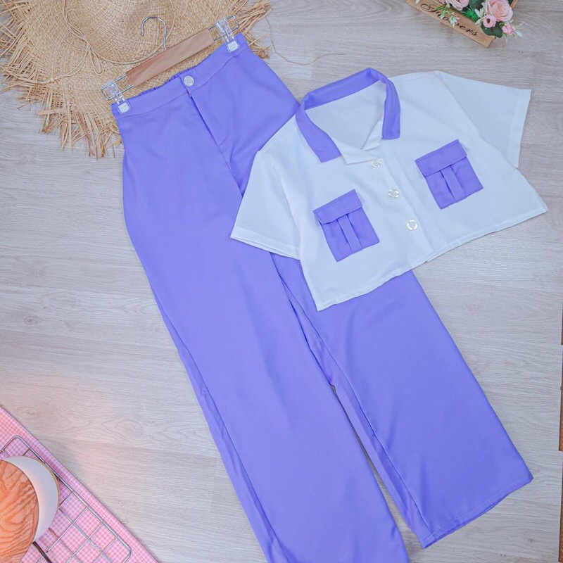 BEFAST - ZEC OOTD Wanita Setelan IAN / Set Damian / Set Atasan Crop + Celana Panjang / Setelan Terbaru Wanita / Set Kekinian Ala Korean OOTD Wanita