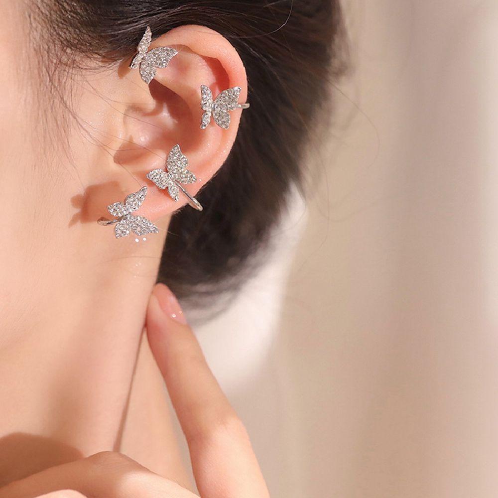 Needway Kupu-Kupu Ear Hook Non Piercing Hadiah Telinga Tulang Klip Logam Zirkon Mengkilap Wanita Anting