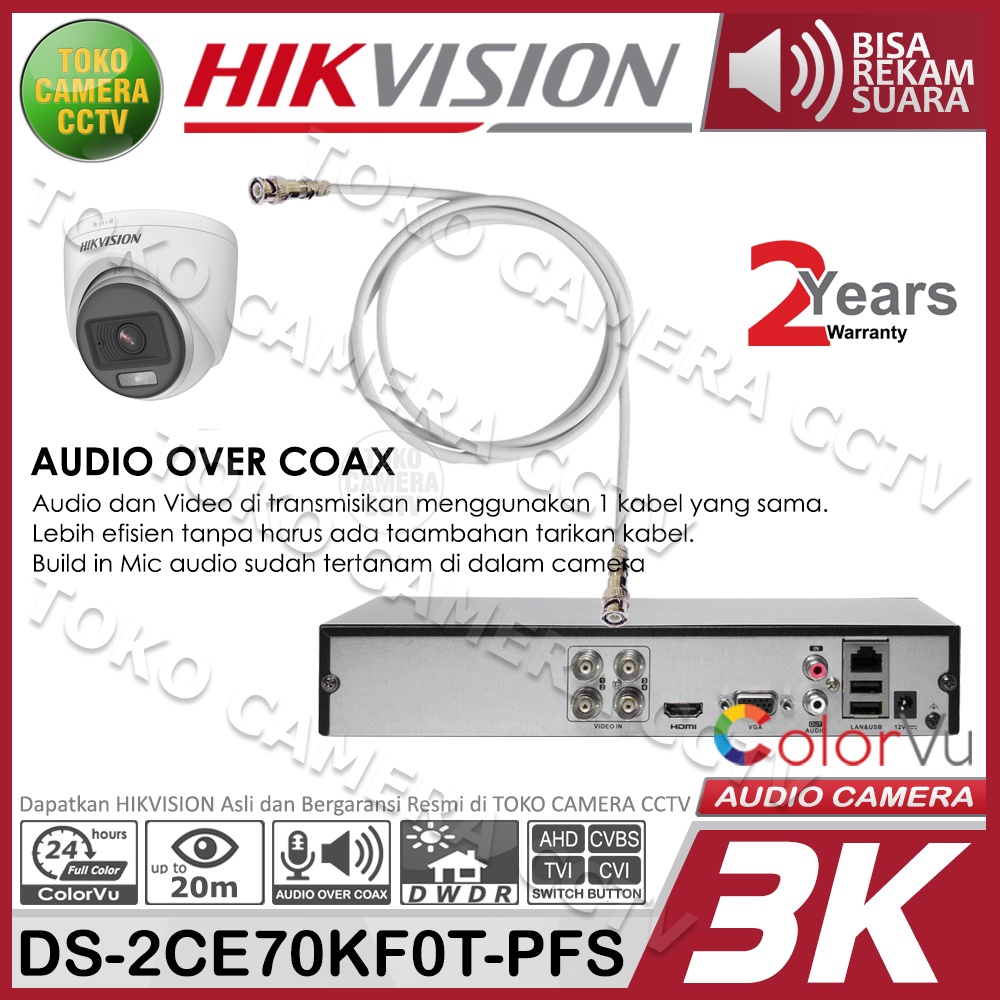 KAMERA CCTV INDOOR 3K 5MP COLORVU AUDIO HIKVISION DS-2CE70KF0T-PFS