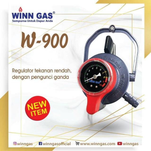 WINN Regulator Gas W900M Triple Lock - Regulator Gas dengan Triple Lock Pengunci Ganda &amp; Karet Seal Pengaman, Hemat Gas, Mudah Dipasang, Lulus SNI, Pilihan Paket Regulator + Selang