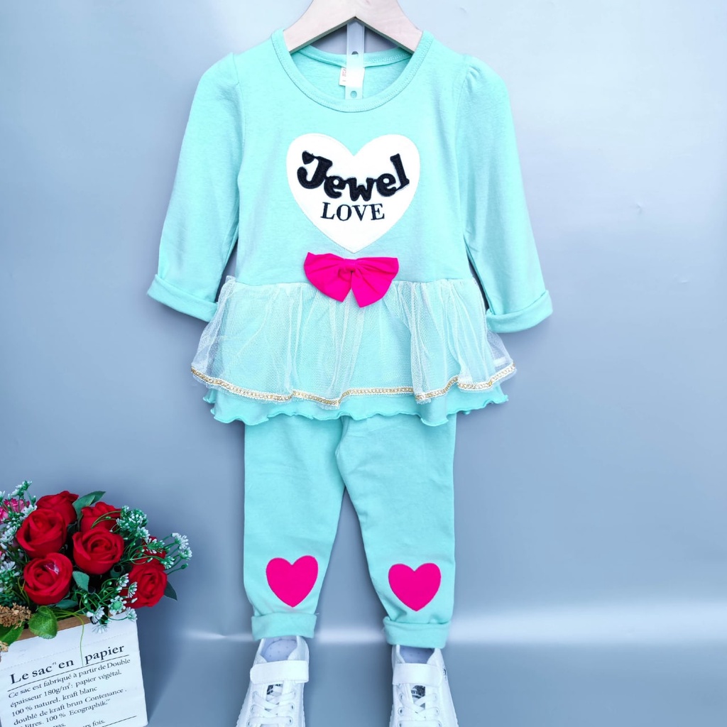 Promo !! Setelan baju anak perempuan cute / setelan jewel love naomi import ukuran 9bulan-3tahun