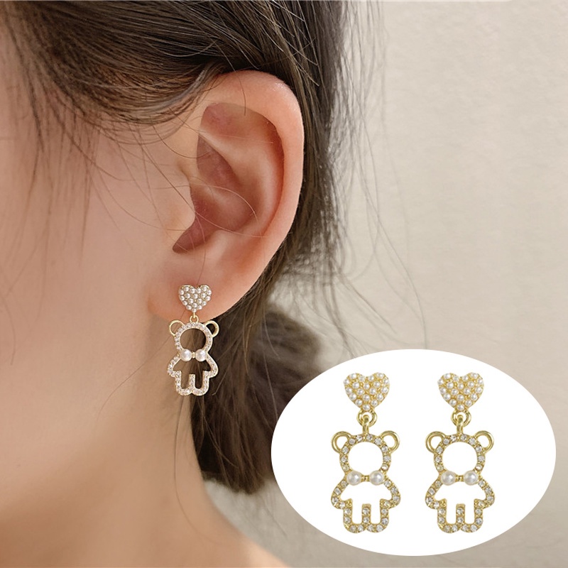 Anting Giwang Simple Elegan Model Beruang Dengan Mutiara + Kristal + Berlian Imitasi Untuk Wanita