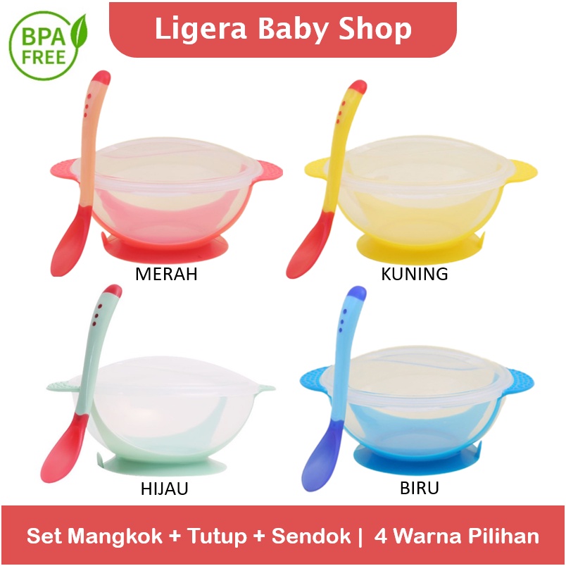 LIGERA Mangkok Anti Tumpah / Sendok Silikon Sensor Temperatur Suhu Panas / Garpu / Alat Makan Bayi