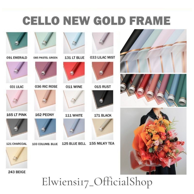 [COD] FLOWER WRAPPING PAPER TRANSPAREN GOLD FRAME CELLOPHANE WATERPROOF KERTAS BUKET  BUNGA BORDER E