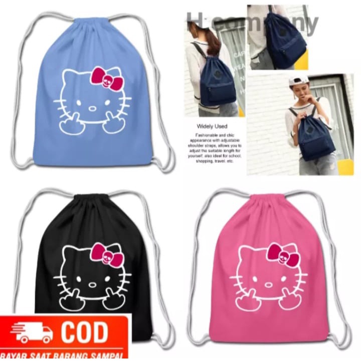 tas wanita serut polos gambar Hello Kitty - Tas serut drawstring selempang bahu cewek Karakter - Ransel Anak sekolah serut