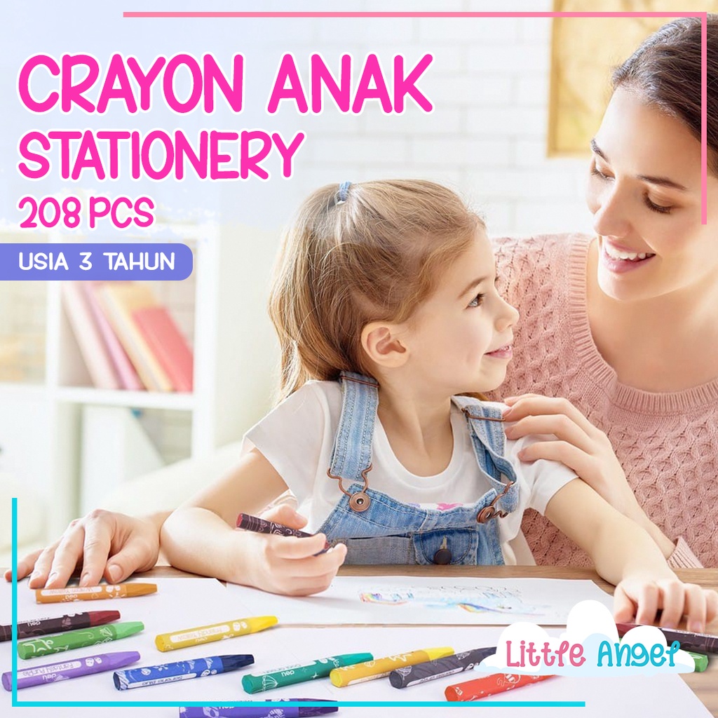 CRAYON ANAK SET 208 Koper Alat Menggambar Mewarnai Mainan Edukasi Bayi Balita Krayon Pastel Set Lengkap Aman Pensil Warna Spridol Kertas Papan Buku Gambar Murah