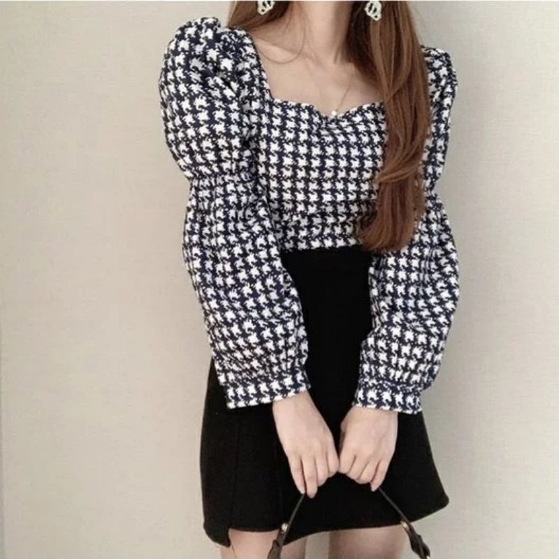 MDLV ~ 2657# Royal Smocked Top Atasan Blouse Houndstooth Fashion Import