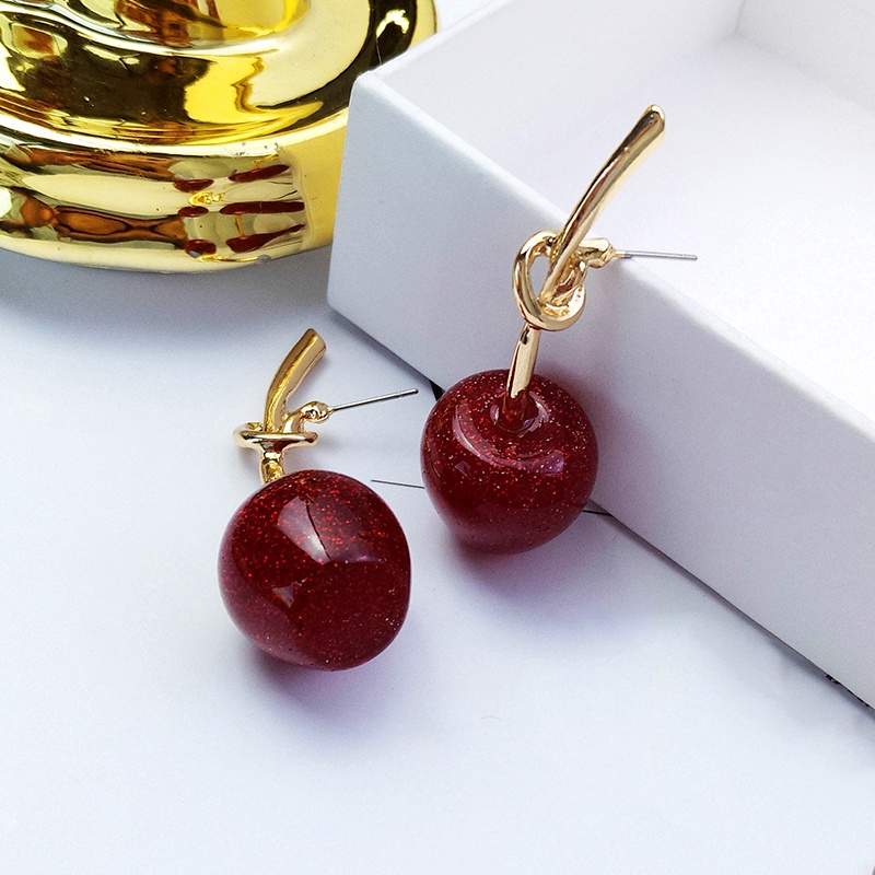 Anting Stud Panjang Desain Cherry Merah Bahan 925 Silver Needle Gaya Hipster Korea Untuk Wanita