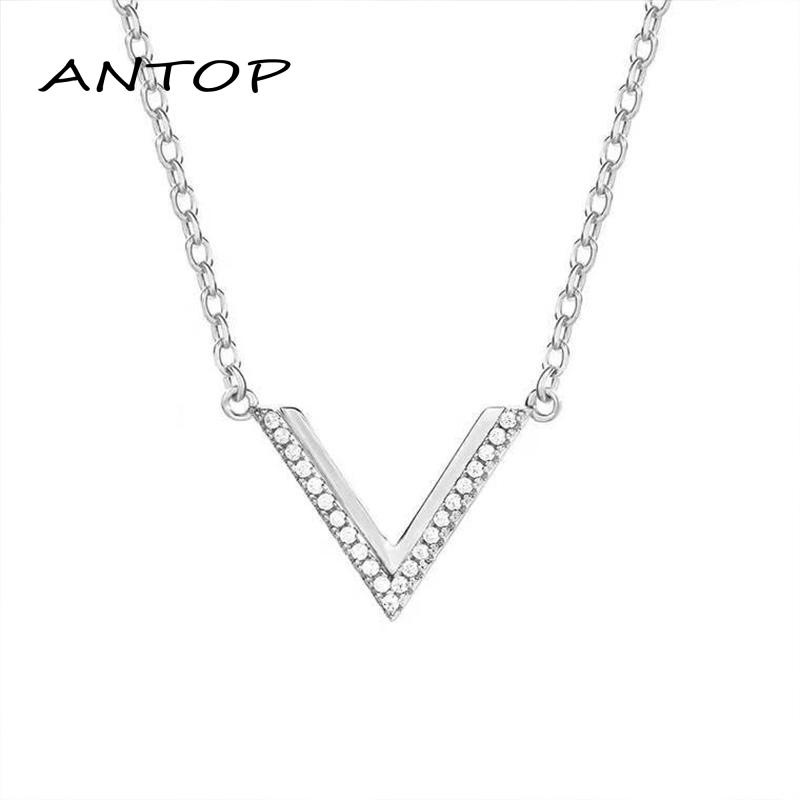 Kalung Rantai Sterling Silver 925 Dengan Liontin Kristal Zircon AAA Bentuk V Untuk Wanita