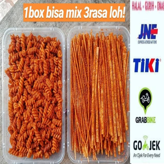 

1 BOX ISI 3 MACAM CEMILAN JAJANAN SNACK MI LIDI MAKARONI CIHUY KRUPUK MBELING SAMBAL OTOK NAMPOEL