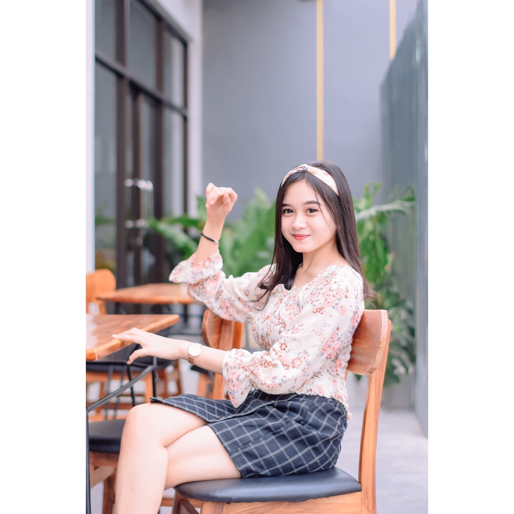 atasan Chiffon import korean style Blouse Serut Karet Sabrina Lengan Panjang Motif Bunga Bahan Sifon Casual cecilia flow