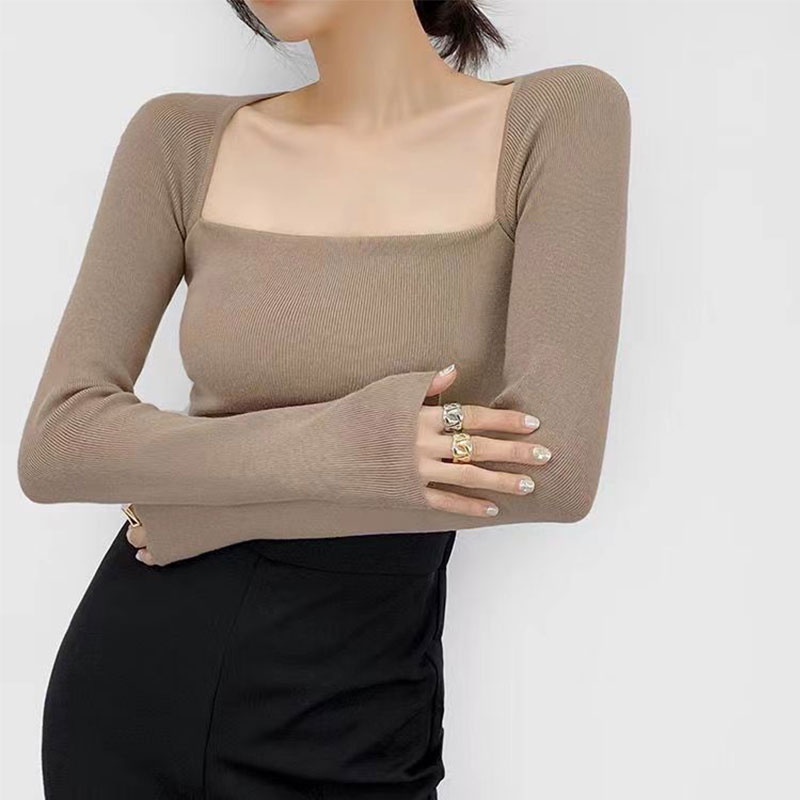 [✅BISA COD] #Sisjuly# French Warm Square Neck Skinny Knit T-Shirt Stretch Crop Top