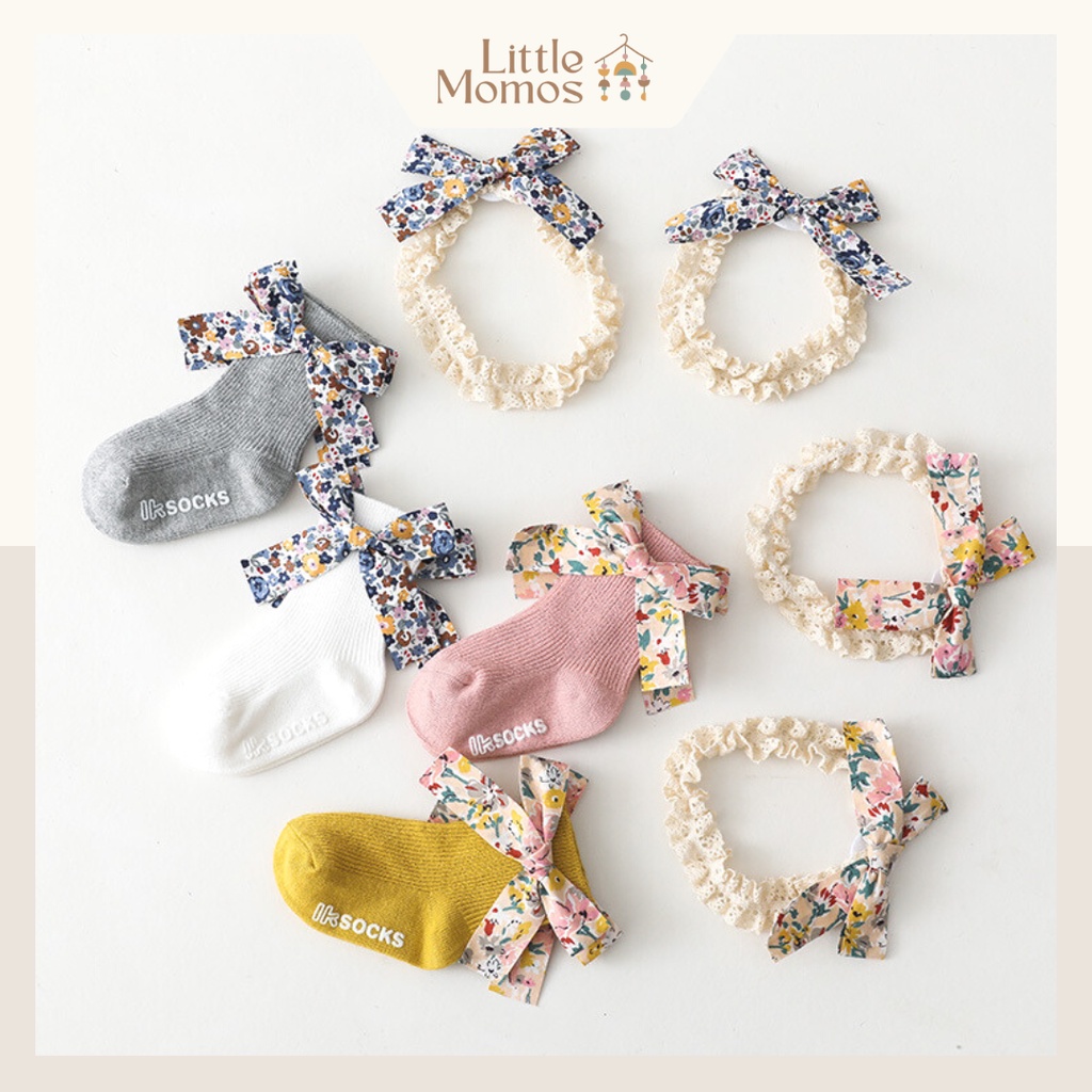 Little Momos Set Kaos Kaki Bandana Premium Korean Style Flower 0-1 Tahun / Bandana Set Premium / Gift Set For Newborn Hampers