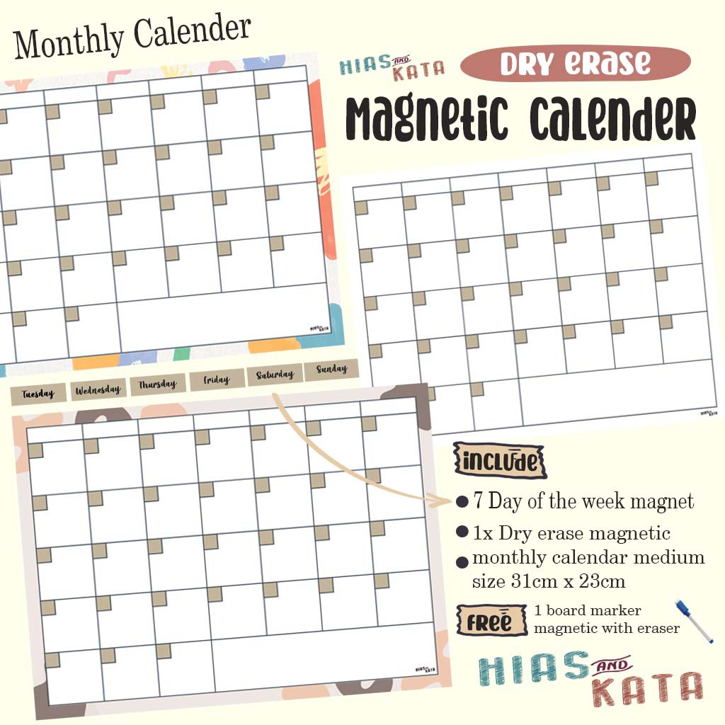 

magnetic planner monthly calender Flexible monthly planner with magnetic 7x days of the week medium size ( free 1pcs spidol wipe & clean magnet)
