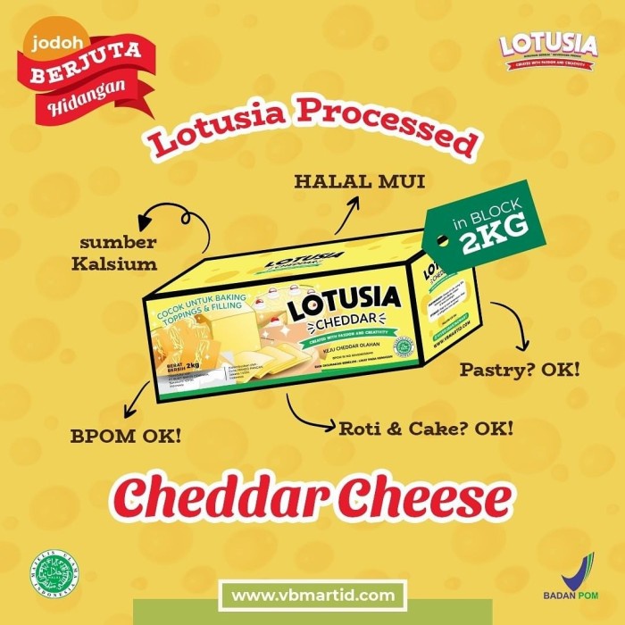 

Keju- 2 Kg Lotusia Cheddar Cheese (Keju Serbaguna) -Keju.