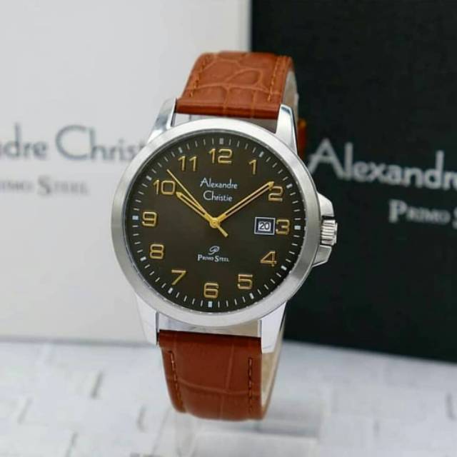 Jam tangan pria Alexandre Christie AC 1008 Silver Black Tali Coklat Original