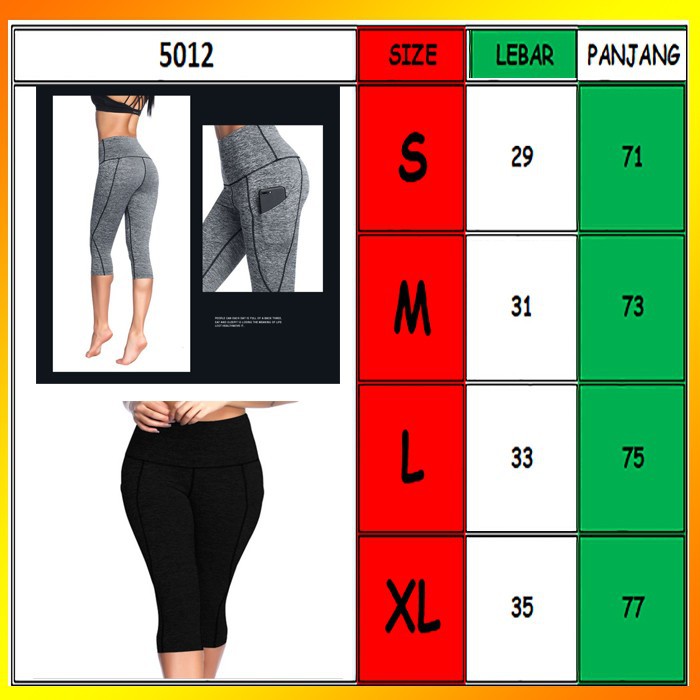 Celana Legging Sport 3/4 Wanita Import Bahan Premium ada Kantong 5012 - Abu
