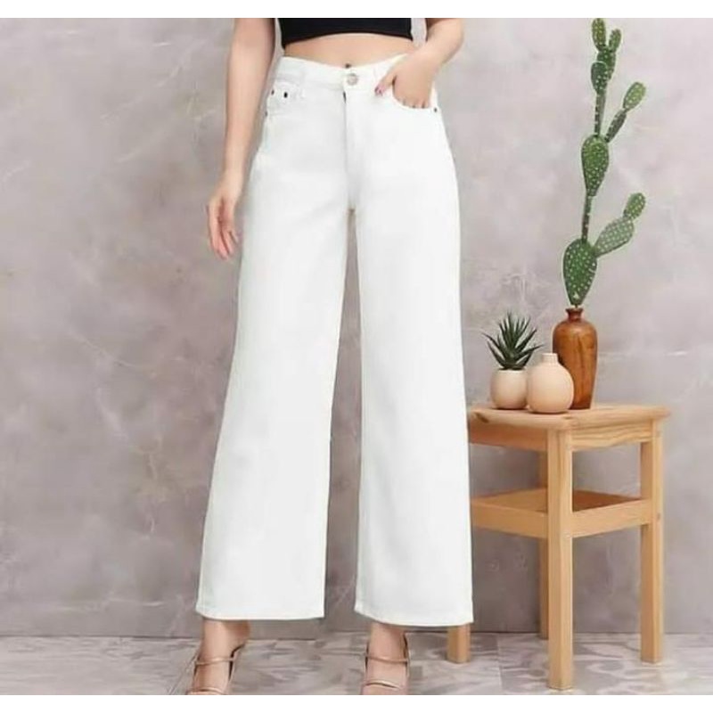 kulot jeans putih hitam lilac celana wanita highwaist murah cewek cullote cewe cutbray Korean style