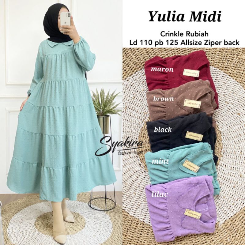 YULIA MIDI DRESS, CANTIK DAN ANGGUN ORIGINAL SYAKIRA, CRINKLE RUBIAH TEBAL ADEM DAN NYAMAN