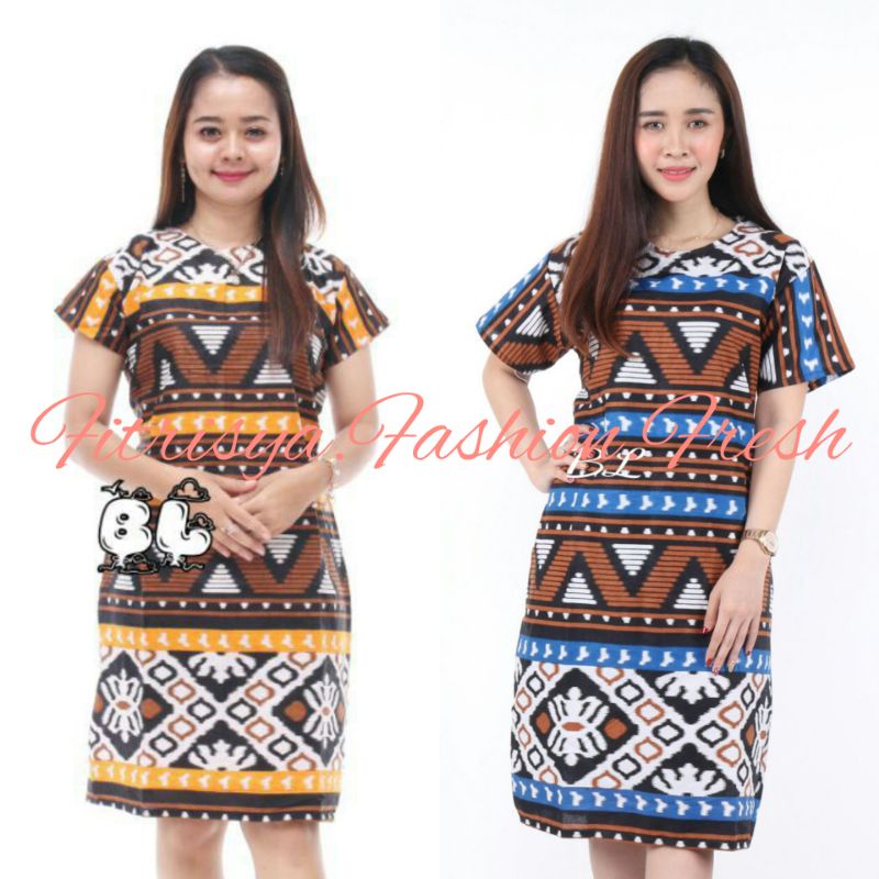 TUNIK DRESS BATIK WANITA JUMBO XXXXL / 4L LENGAN PENDEK MOTIF SEGITIGA KUNING DAN BIRU KOMBINASI