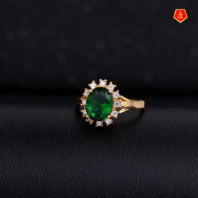 [Ready Stock]Retro Emerald Gold Ring Stylish and Elegant