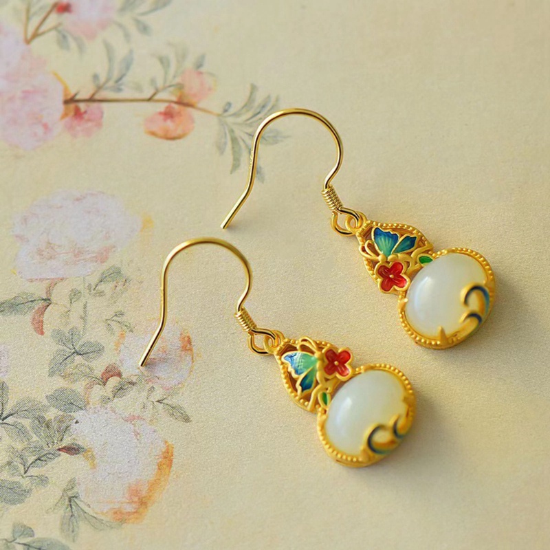 Fancyqube Anting Silver Inlaid Natural Hetian Jasper Froude Gourd Gaya China Retro Palace Untuk Wanita