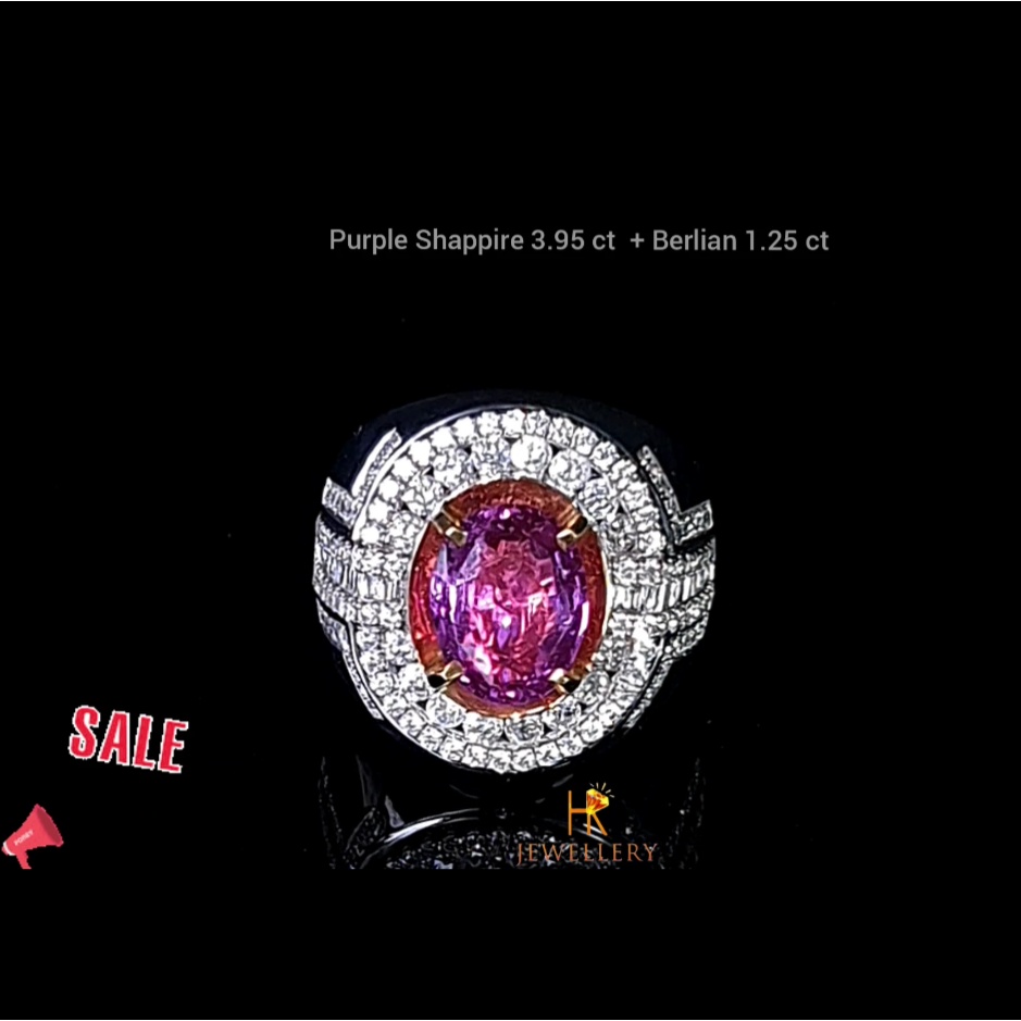 Cincin pria berlian + purple safir bahan emas putih kode 1069