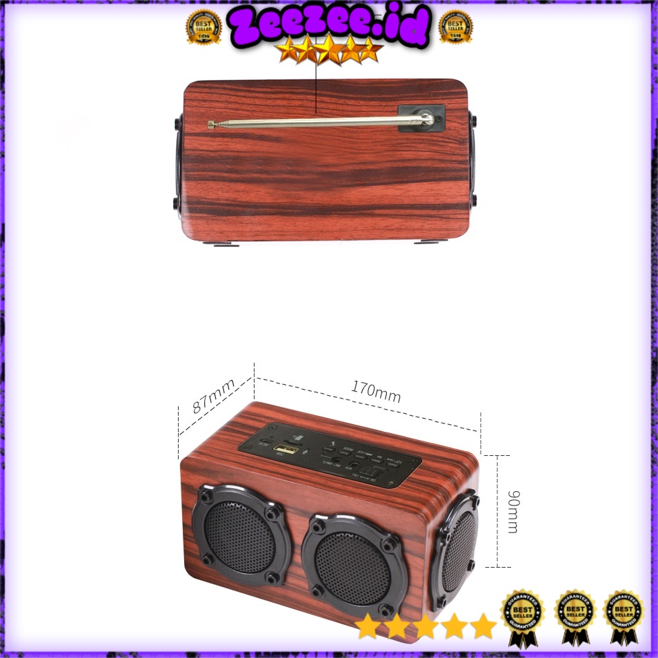 Kingneed Bluetooth Speaker FM Radio USB TF Player Wood Design 1200mAh with Microphone Input - S409 - Brown