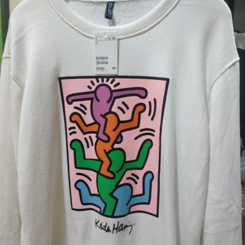 Crewneck Sweater H&amp;M HnM Keith Haring Putih White Wanita Cewek Pria Free Paper Bag