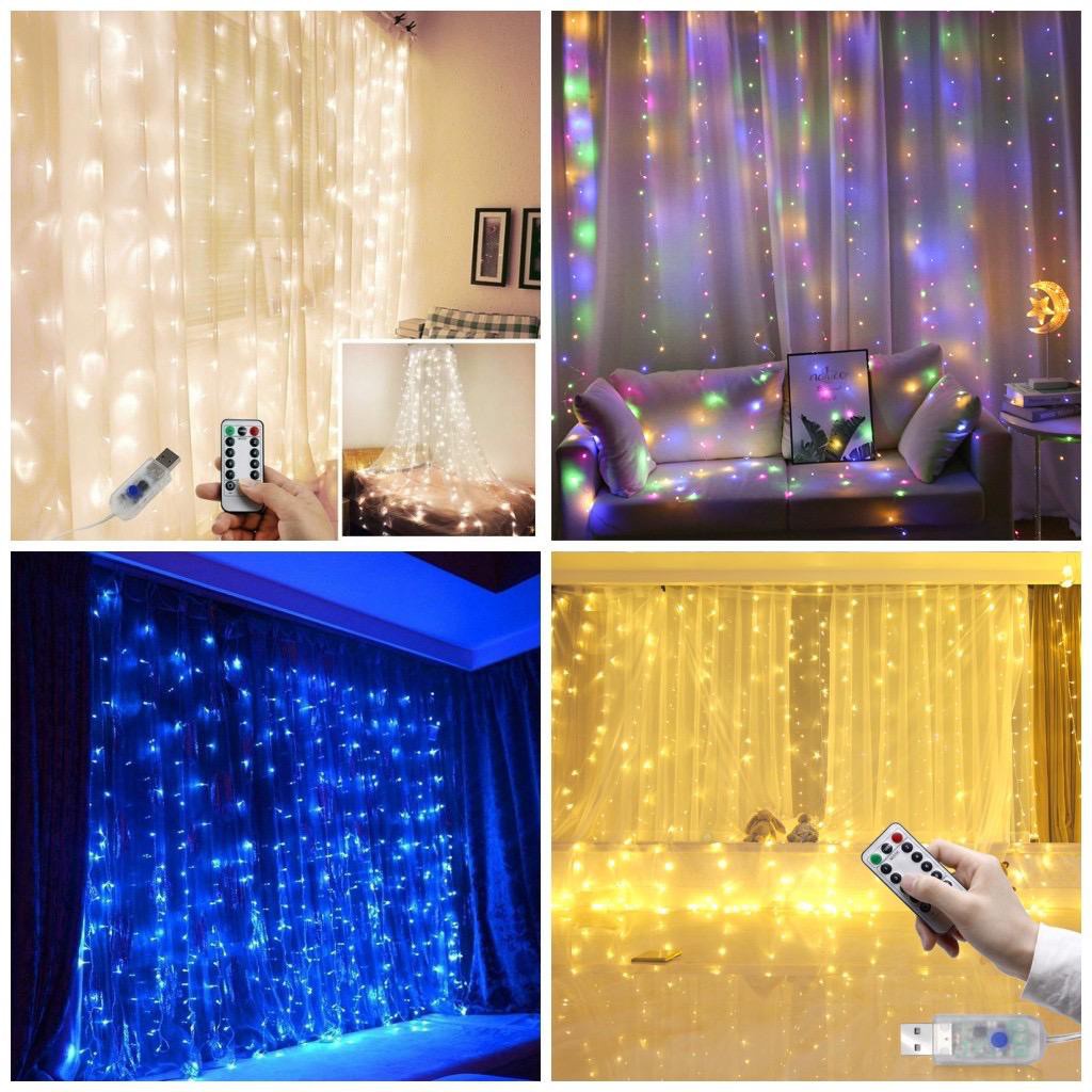 Lampu LED Kawat Tirai 300 LED 3 x 3 Meter Tumblr Fairy Light Dekorasi USB Dan Remot Control