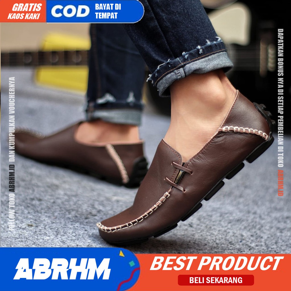 ABRHM x MOCLEA Sepatu Kasual Pria Sepatu Pria Casual Kulit Asli Slip Sepatu Kerja Original Keren Sepatu Slop Anti Slip Mocasin Sepatu Kerja Kantor Semi Formal Kuliah Kondangan Gaya keren Kekinian Murah Terlaris