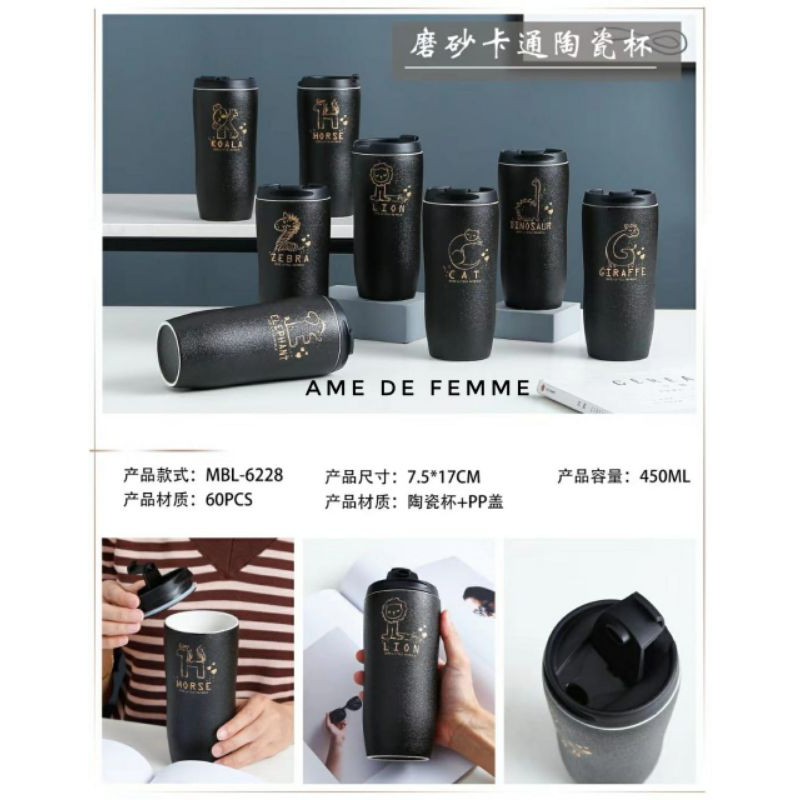 Mug tutup tumbler tinggi hitam doff animal