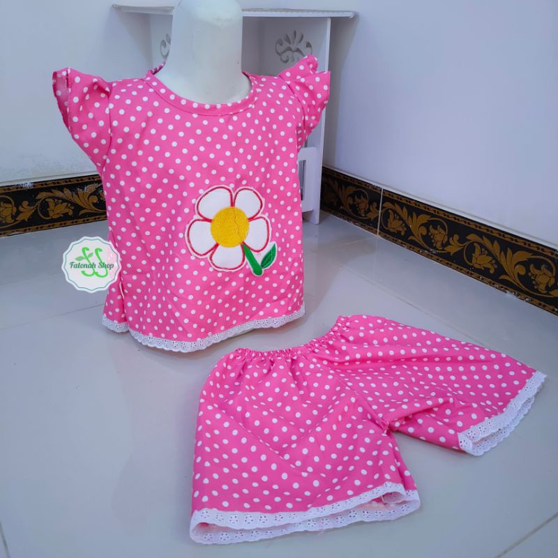 Setelan anak 2 3 4  tahun baju anak cewek perempuan motif polka polkadot atasan lucu ( setelan bunga asteria polka )