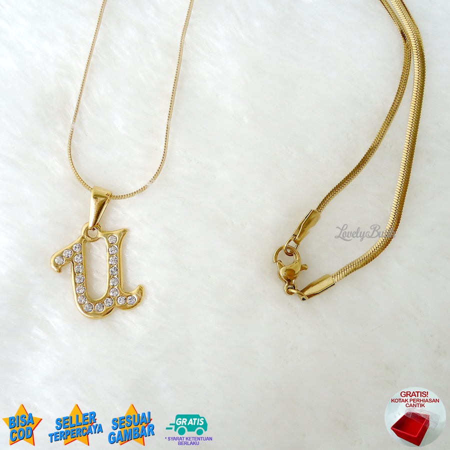 Lovelybutik Honey Kalung Inisial Huruf Titanium Anti Karat Kalung Hurup Abjad Alphabet Ins U Klasik  BONUS KOTAK PERHIASAN