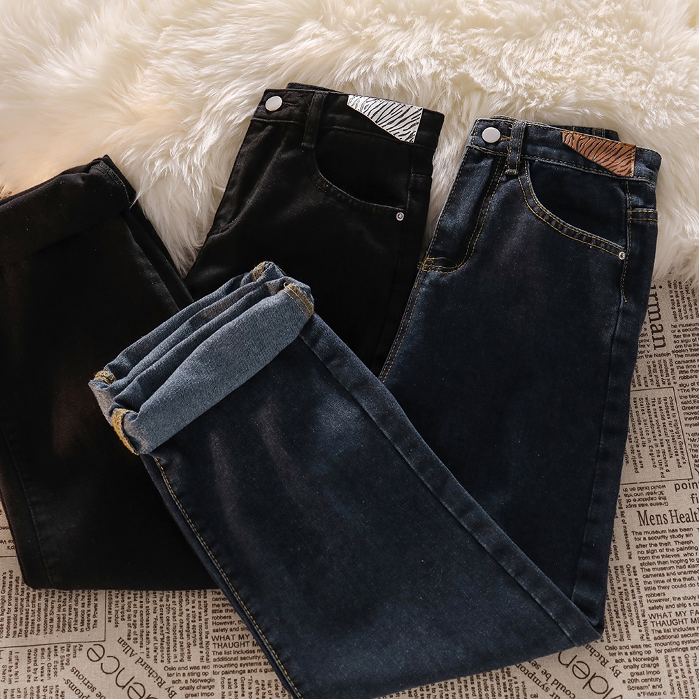 Jeans Kaki Lurus Pinggang Tinggi Hitam Longgar untuk Wanita (realpict)