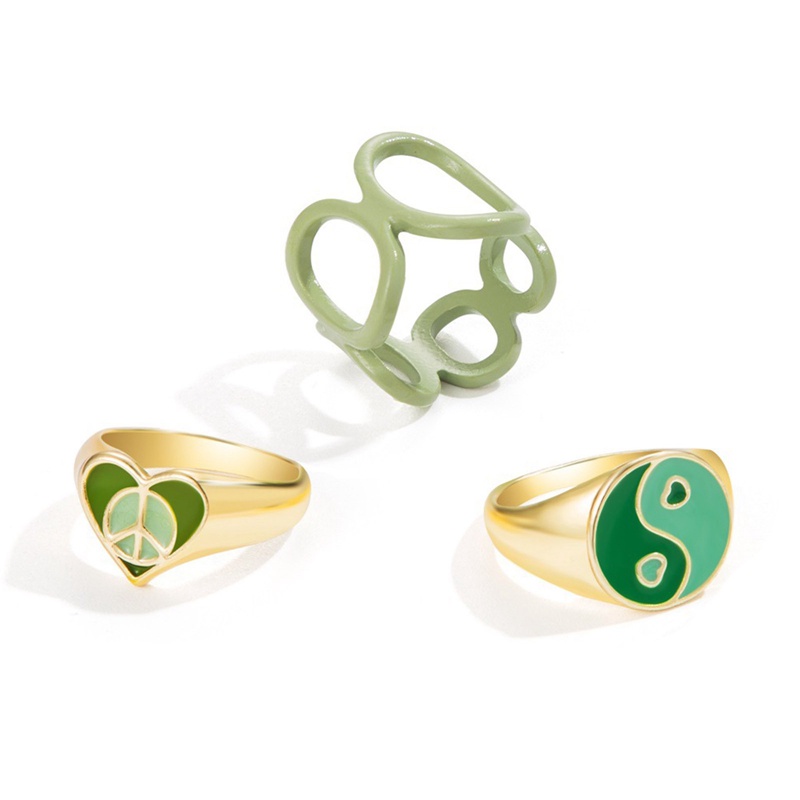 3pcs / Set Cincin Desain Bordir Hati Bahan Metal Warna Hijau Untuk Wanita