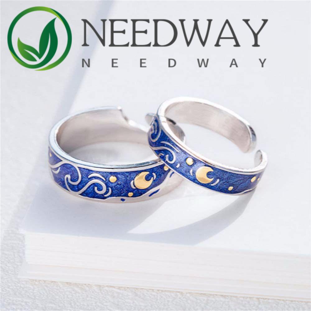 Needway  Romantic Open Rings Vintage Moon Starry Night Couple Rings Matching Lovers Van Gogh Starry Sky Men Silver Color Adjustable Fashion Jewelry