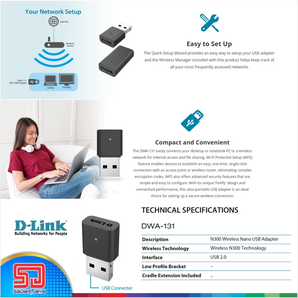 D-Link DWA 131 Wireless N300 Nano USB Wifi Adapter Penerima / Penangkap Wifi