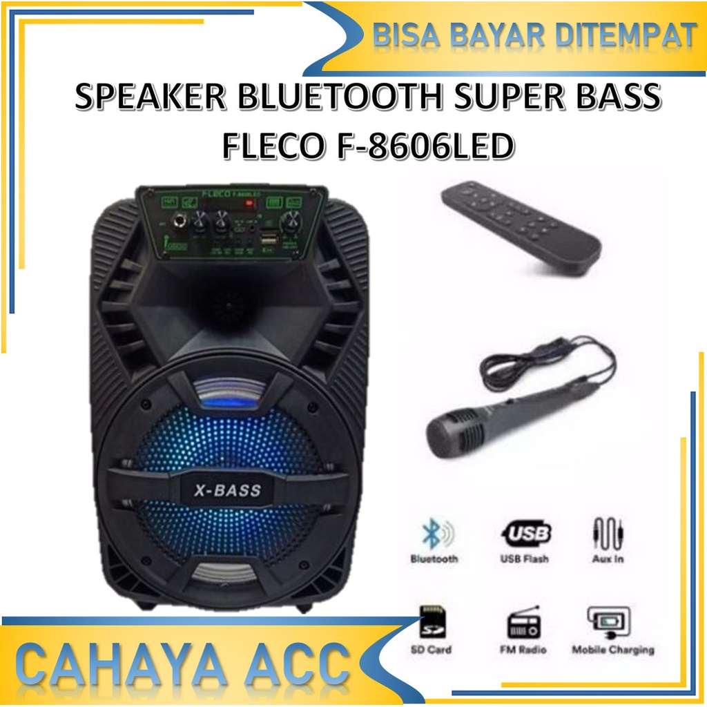 SPEAKER KARAOKE FLECO F-8606LED PLAY WITH BT USB TF CARD FM RADIO AUX SPEAKER BLUETOOTH 8,5 INCH SPEAKER FLECO 8,5 INCH