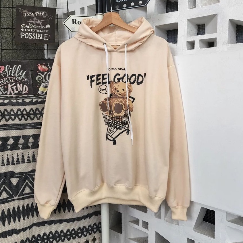 Hoodie Trendy Wanita Pria Motif Feelgood Teddy Bear Bahan Pleece Terbaru