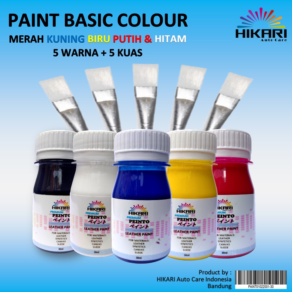 PEINTO Leather Paint Paket Paint Basic Merah, Biru, Kuning, Putih, Hitam + 5 Kuas