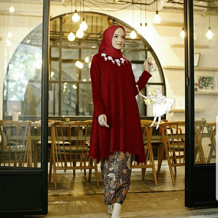 Baru Alg- Set Kby Wilujeng Maroon Kebaya Bahan Full Brokat Tulang Gliter |