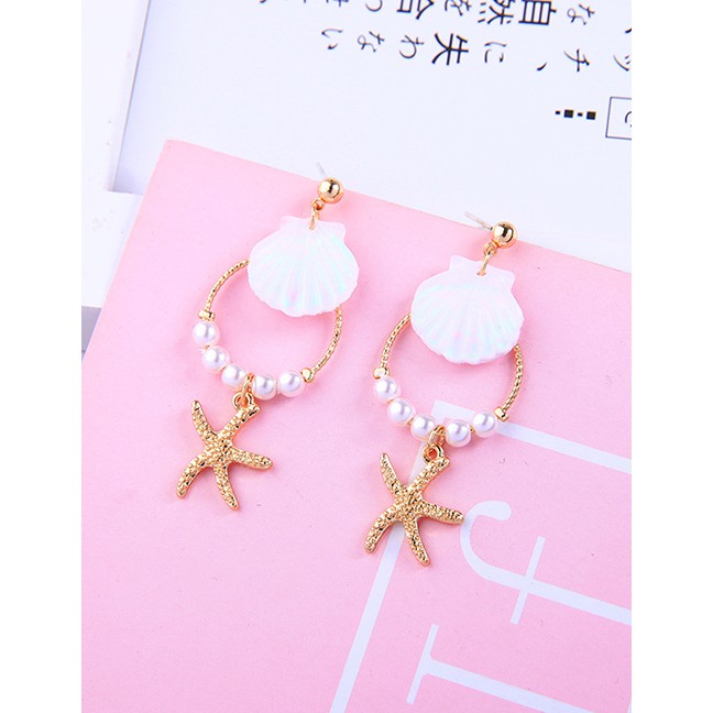 LRC Anting Tusuk Fashion Gold Starfish 925 Sterling Silver Shell Pearl Earrings D17379