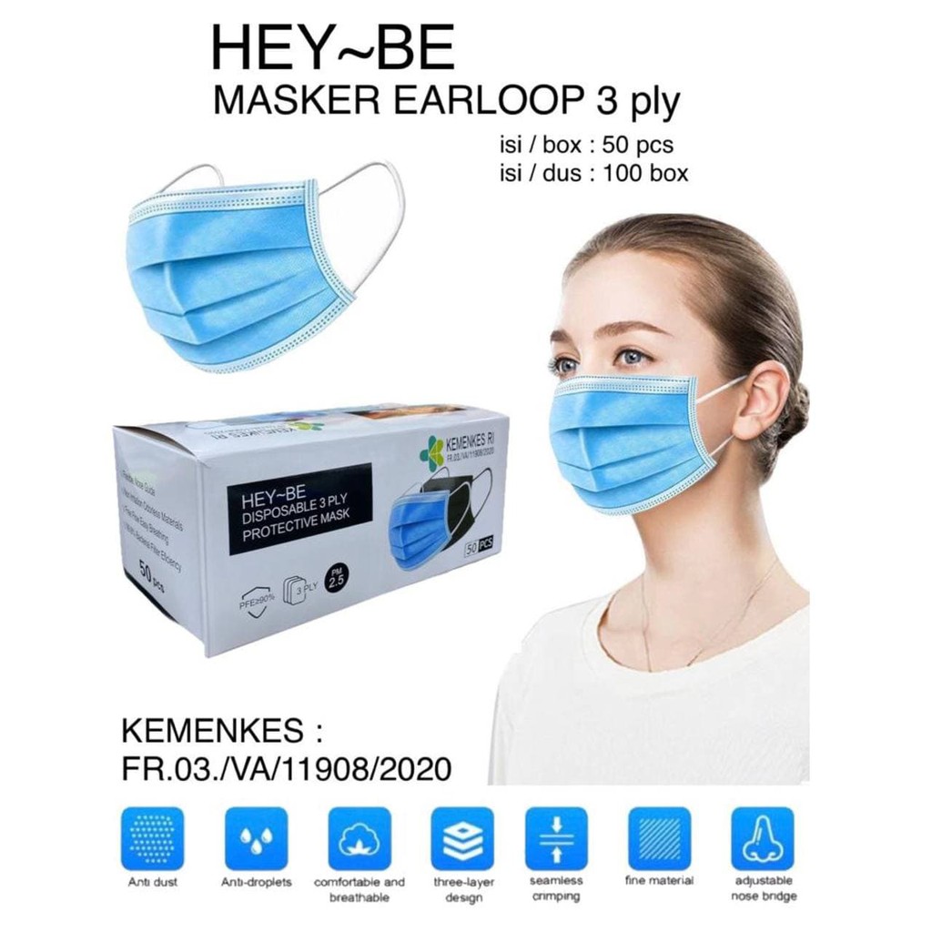 MASKER 3 PLY EARLOOP DISPOSABLE MASK ISI 50 Pcs