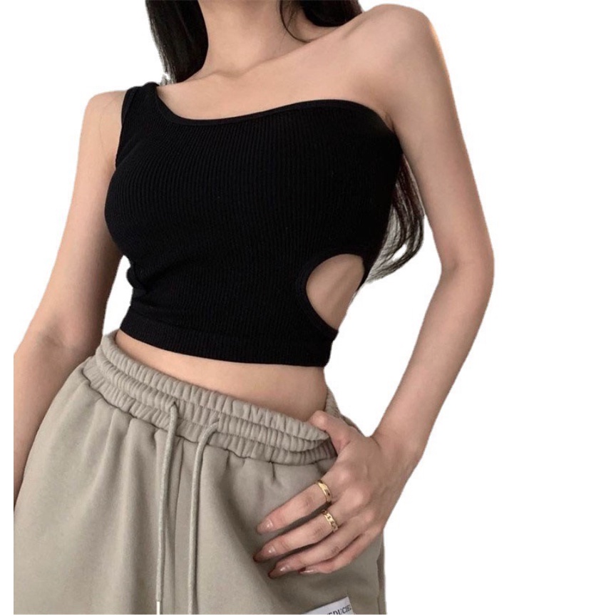 Tank Top Wanita Model One Shoulder Cut Off With Bra Cup Korea / Tank Top Crop Atasan Wanita / Tank Top Basic Import Seamless