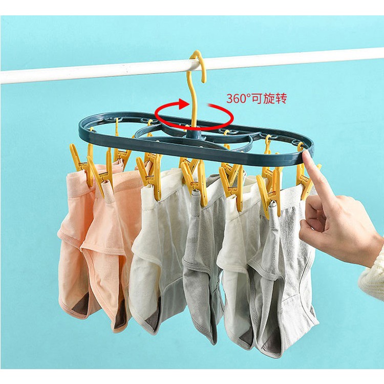 (BOW) Gantungan Jemuran Hanger Putar Dengan 12 Pcs Jepitan Kaos Kaki Baju Pakaian Dalam Serbaguna