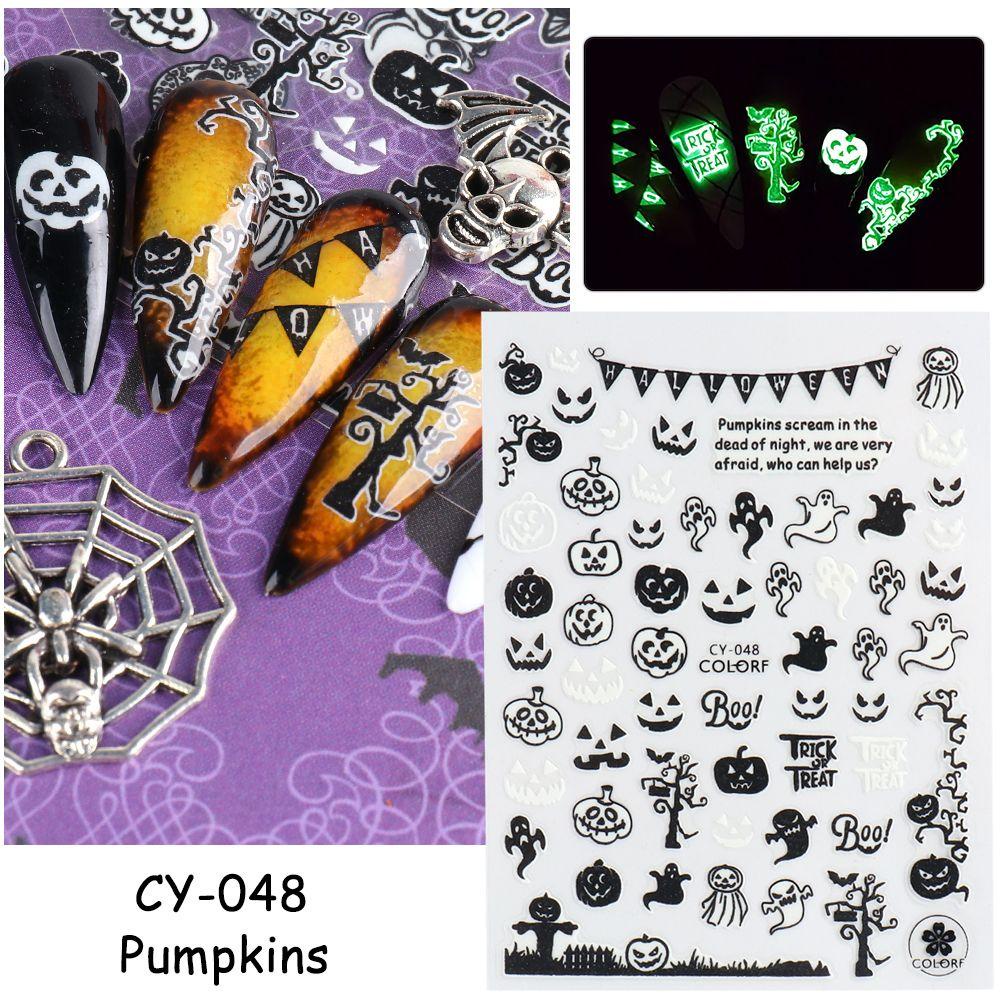 Solighter Halloween Stiker Kuku Perekat Spider Web Tengkorak Labu Sliders Decals Glow In The Dark