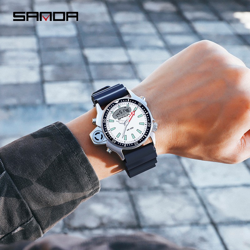 SANDA 3008 Jam Tangan Pria Wanita Digital Analog Dual Time Tali Rubber Anti Air WATCHKITE WKOS