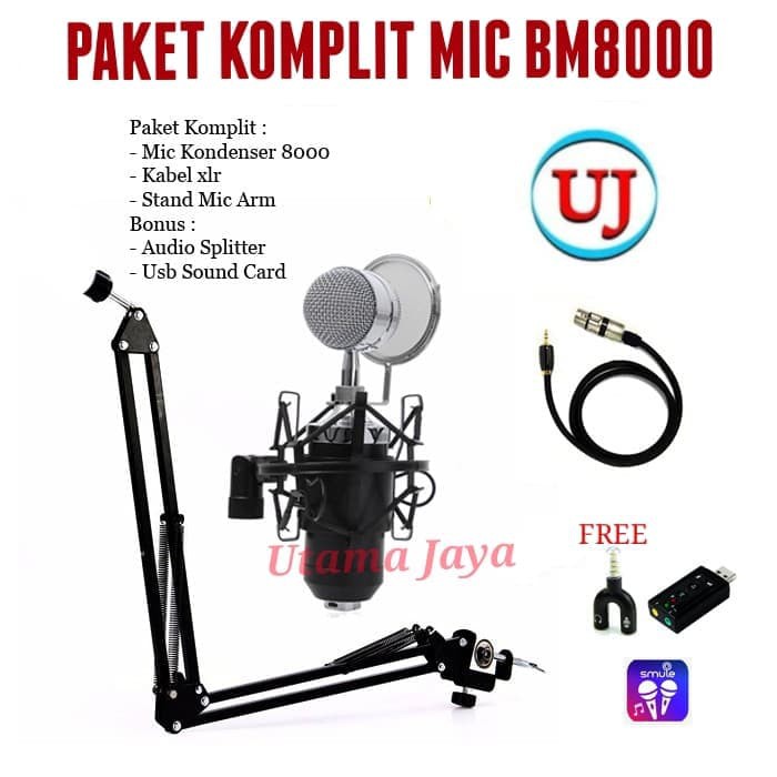 Paket komplit mic BM8000 stand arm free audio splitter usb soundcard